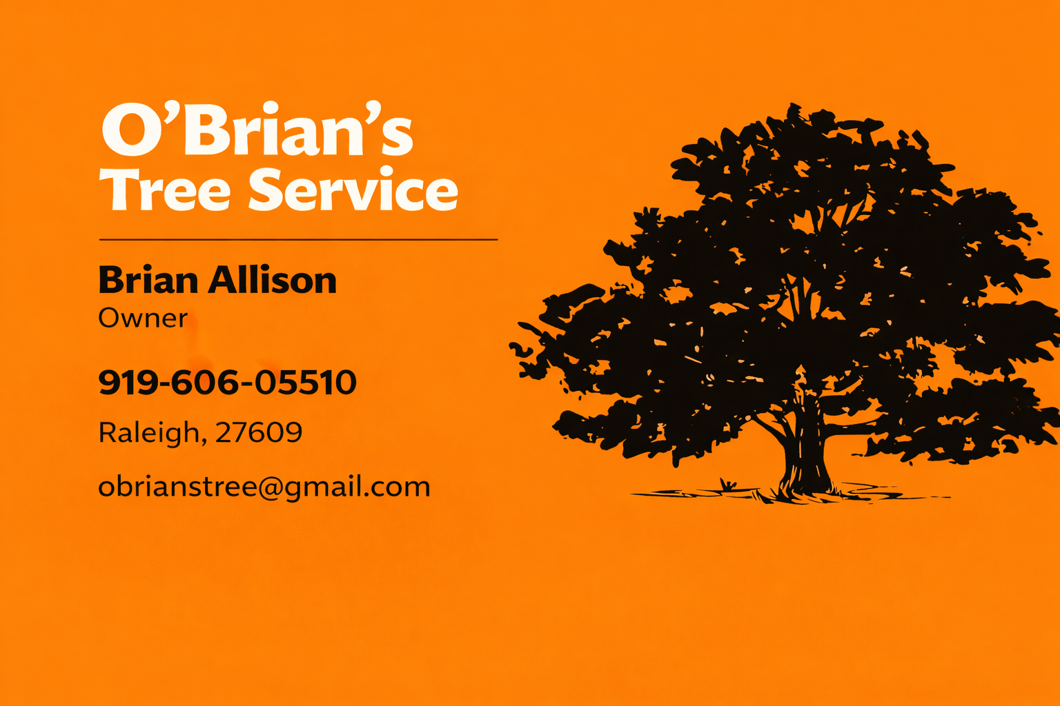 O’Brian’s Tree Service business card for Brian Allison